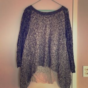 Black and white open weave knit top with lace back